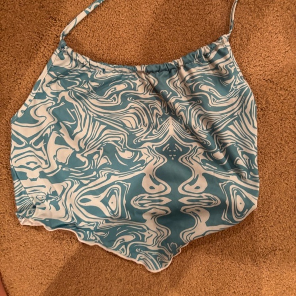 Cropped Blue and White Swirl Pattern Tied Halter Top